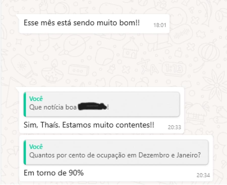 Conversa de WhatsApp relatando cerca de 90% de ocupação em dezembro e janeiro