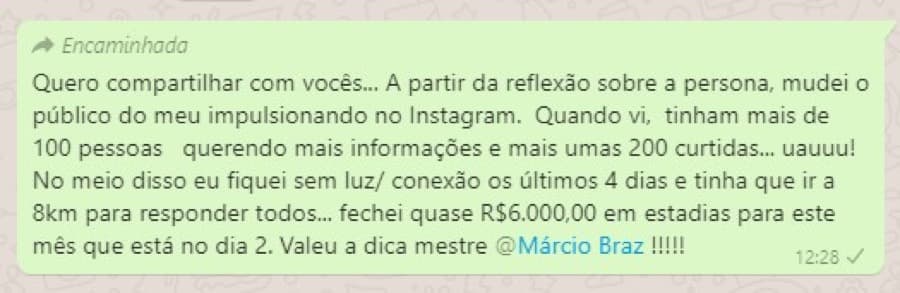 Mensagem: mudou o público do impulsionamento no Instagram e fechou quase R$ 6.000 em estadias no dia 2 do mês