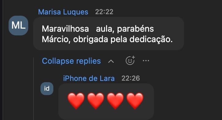 Mensagem no chat do Zoom: “Maravilhosa aula, parabéns Márcio, obrigada pela dedicação”