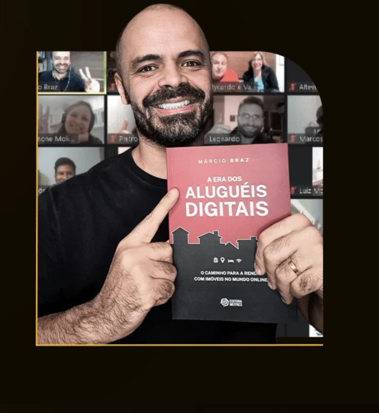 Márcio Braz num encontro online, com anfitriões na grade do Zoom ao fundo