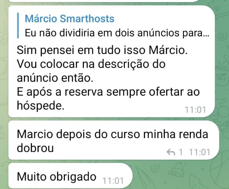 Mensagem de aluno dizendo que a renda dobrou depois do curso