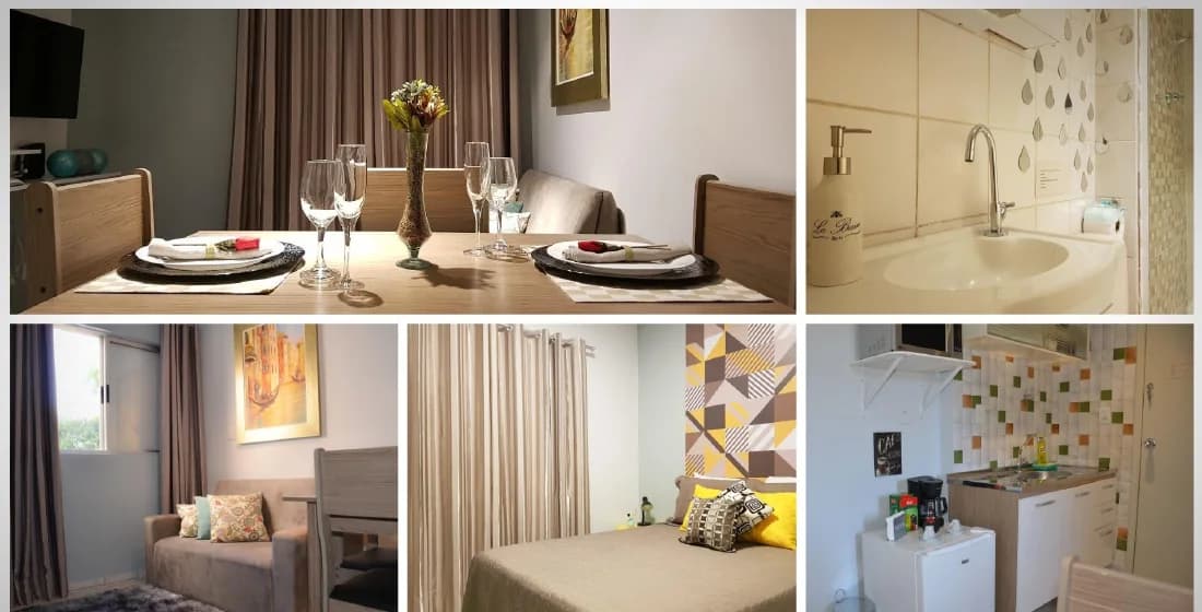 O mesmo apartamento depois: decorado, mesa posta, enxoval arrumado