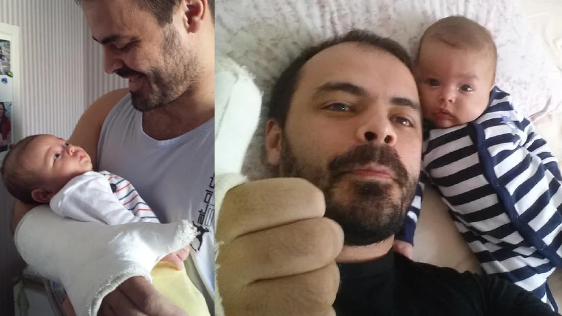 Márcio com o filho bebê no colo, na época do começo
